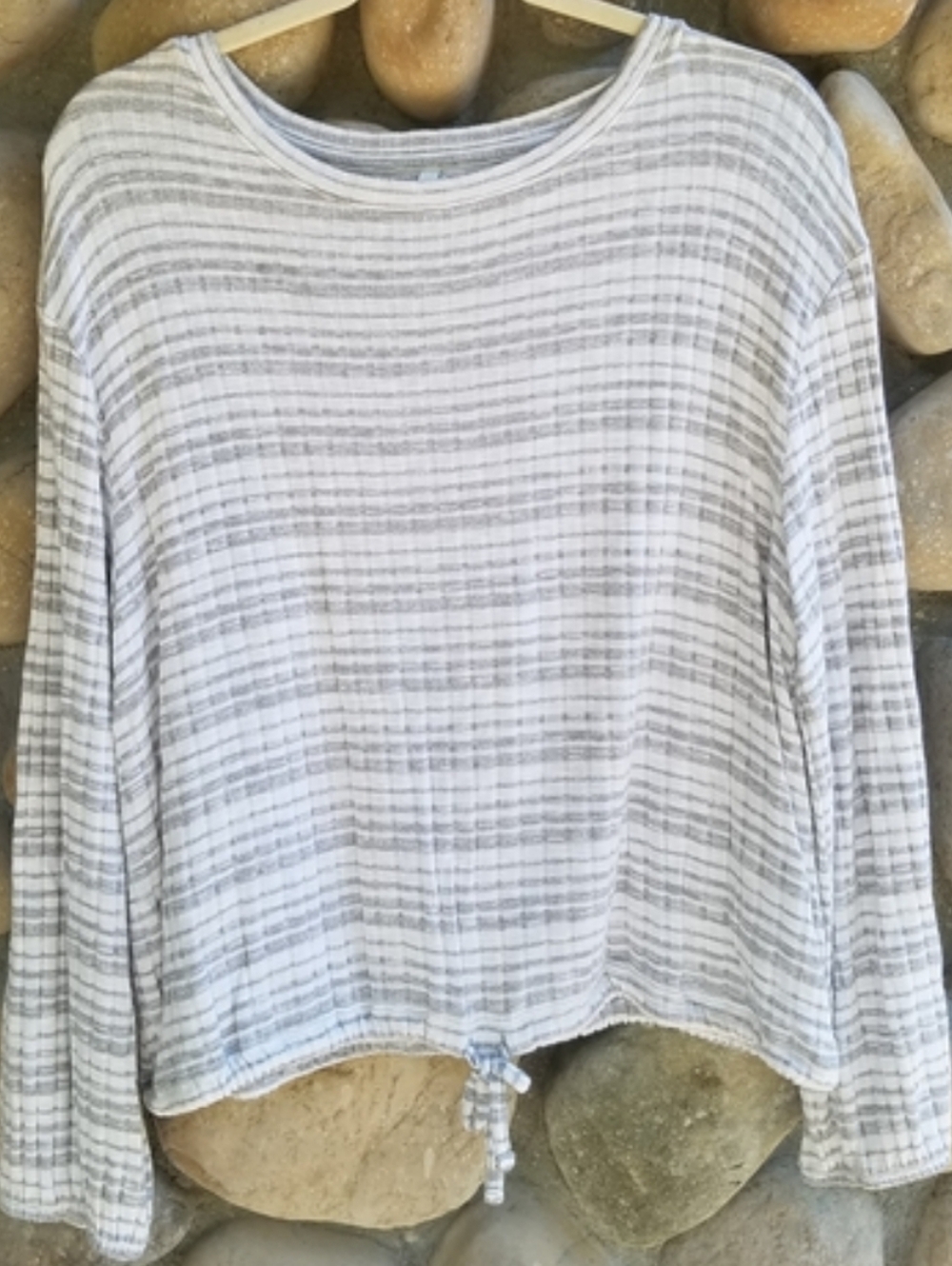 Mudd Gray and White Striped Coastal Pullover Blouse | Cozy Spring Refresh